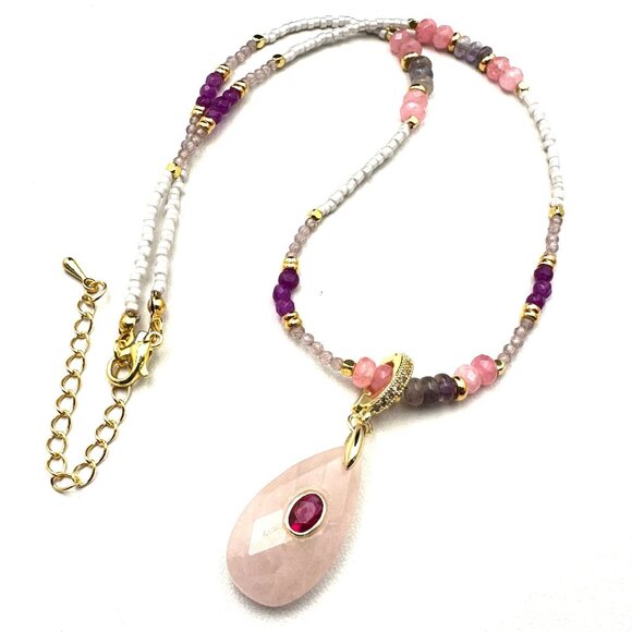 Pink Multi Gemstone Enhancer Pendant Necklace 18K Gold Plated 16 to 18 Inch - Picture 1 of 7